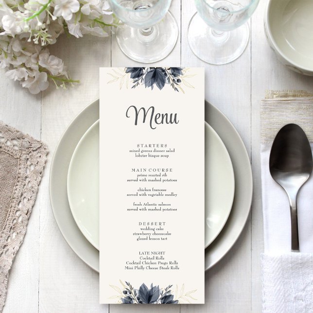 Gentle Dark Flowers Wedding Menu Card (Gentle Dark Flowers Wedding Menu Card on a white and silver wedding dinner table.)