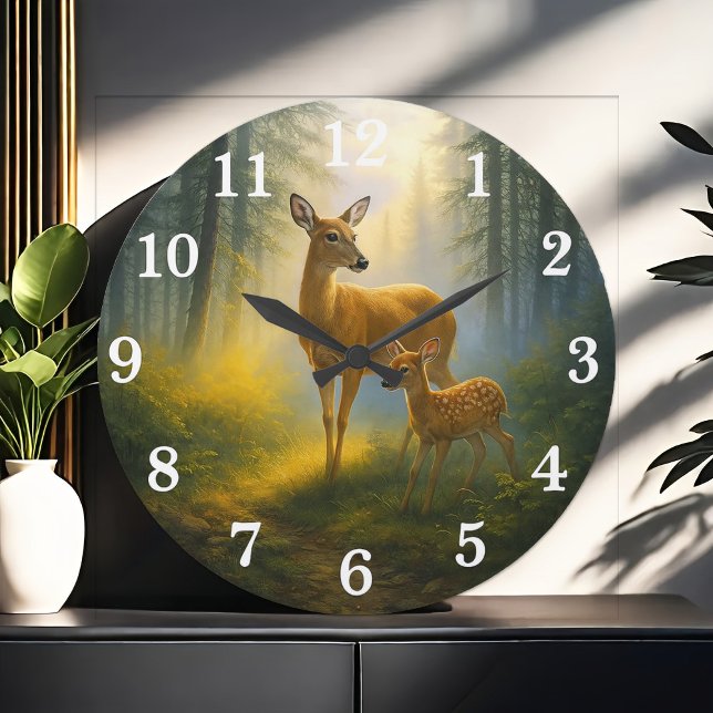 Gentle deer duo in sunlit forest large clock (Creator Uploaded)