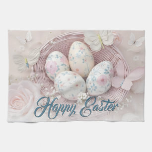 Gentle Easter Joy with Floral Motif Tea Towel