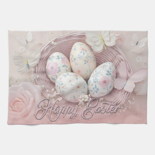 Gentle Easter Joy with Floral Motif Tea Towel