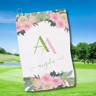 Gentle Elegant Pink Flowers Custom Monogram  Golf Towel