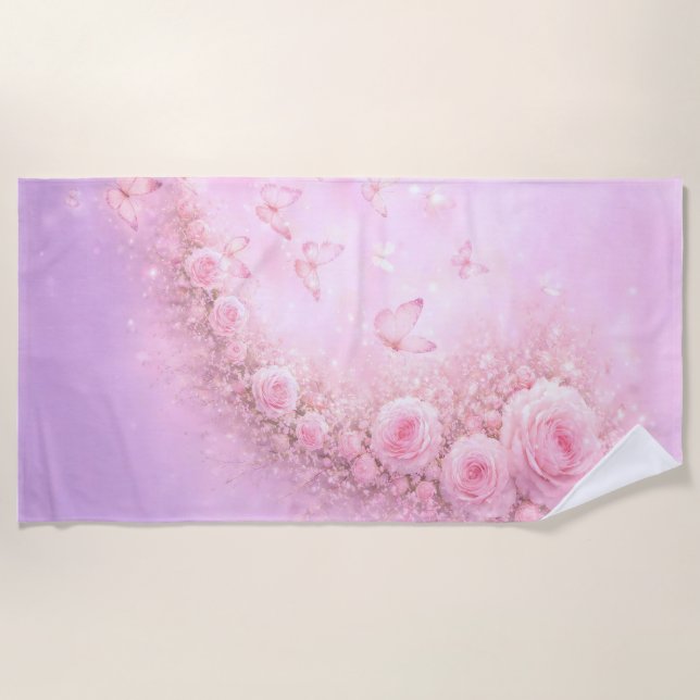 Gentle Floral Pattern – Soft Pink Roses with Soft  Beach Towel (Front)