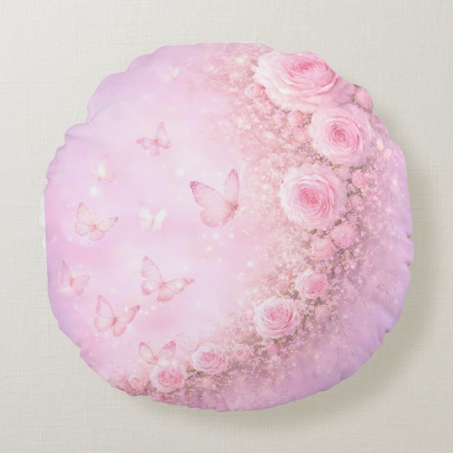Gentle Floral Pattern – Soft Pink Roses with Soft  Round Cushion (Front)