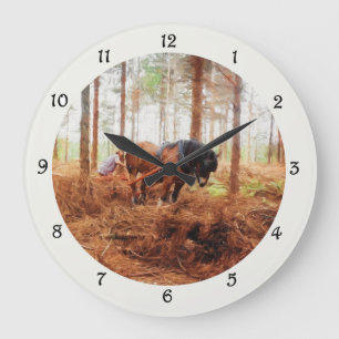 Gentle Giant - Draft Horse Hauling Logs in Forest Large Clock