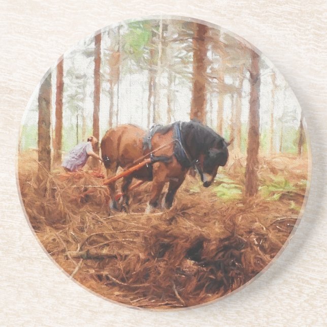 Gentle Giant - Draught Horse Hauling Logs in Fores Coaster (Front)