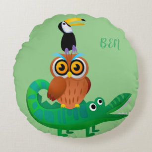 Gentle green  with alligator owl and parrot round cushion