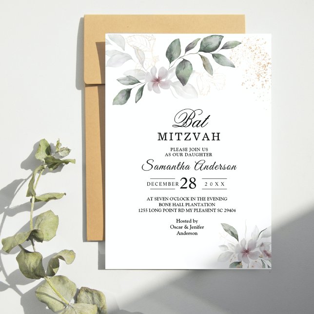  Gentle Greenery Watercolor Leaf & Flower | Gold Invitation (Creator Uploaded)