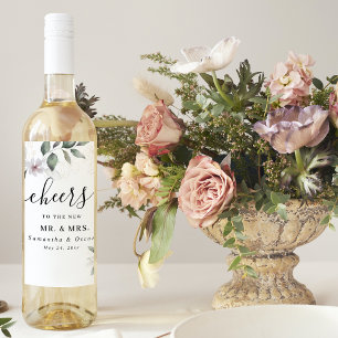  Gentle Greenery Watercolor Leaf & Flower   Gold Wine Label