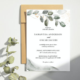 Gentle Greenery Watercolor Leaf Gold Dust Invitation