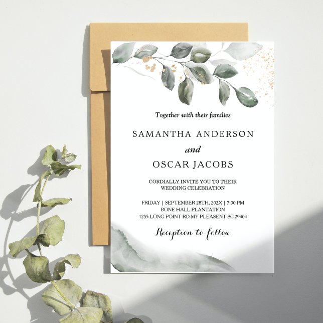  Gentle Greenery Watercolor Leaf | Gold Dust  Invitation (Creator Uploaded)