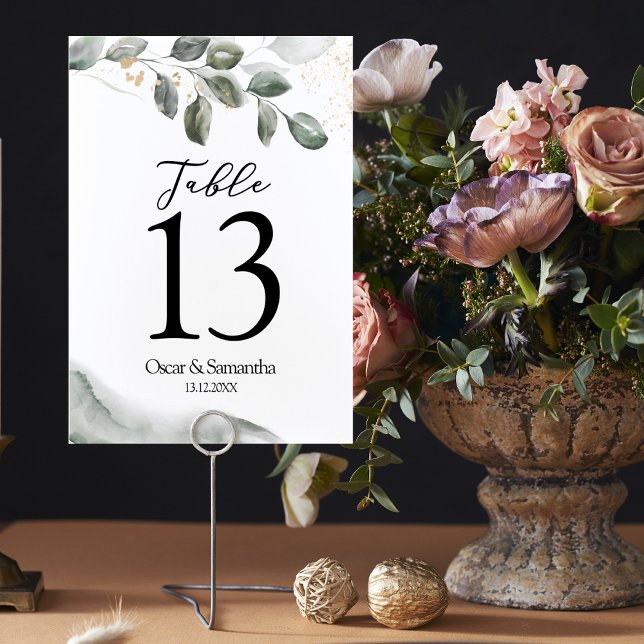  Gentle Greenery Watercolor Leaf | Gold Dust  Table Number (Creator Uploaded)