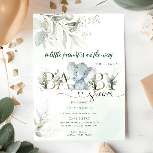 Gentle Grey Elephant Greenery Baby Shower Invitation