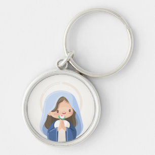 Gentle Kawaii Virgin Mary with Flower – White Key Ring