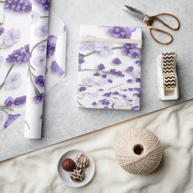 Gentle Lavender Flower Pattern on White Background Wrapping Paper (Crafts)