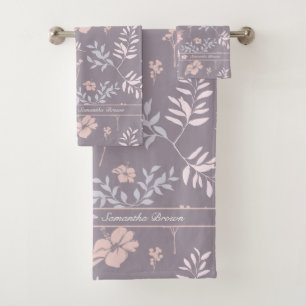 Gentle Lavender & Pink Floral Pattern Personalised Bath Towel Set