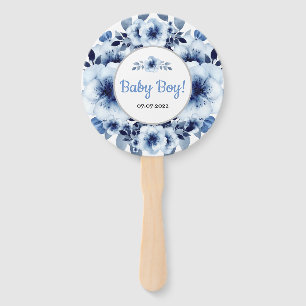 Gentle Light Blue Flower Watercolor Baby Shower Hand Fan