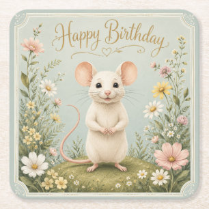Gentle Mouse Garden Birthday Square Paper Coaster