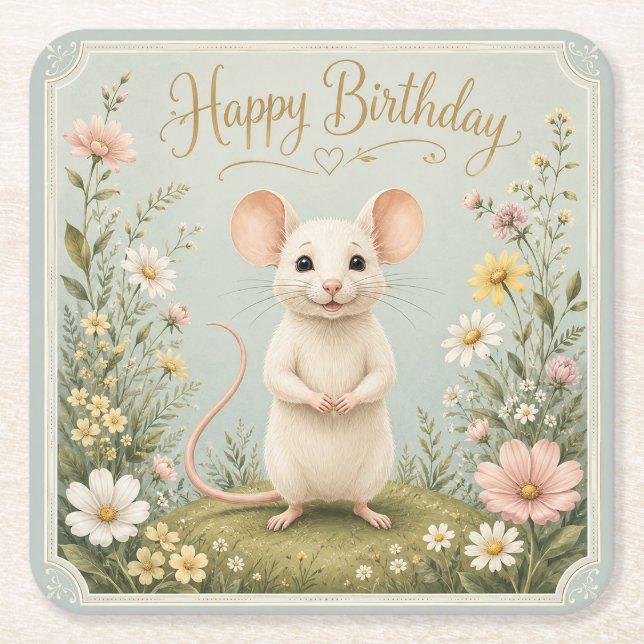 Gentle Mouse Garden Birthday Square Paper Coaster (Front)