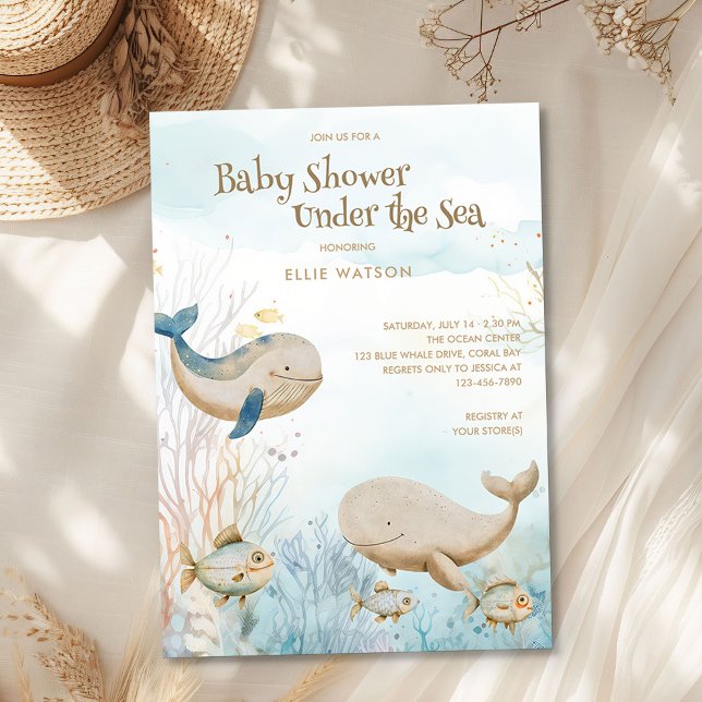 Gentle Ocean Neutral Under the Sea Baby Shower Invitation (Under the Sea Baby Shower from the Whale Baby Shower Collection by Darling & May)
