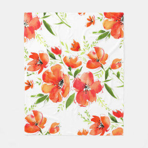 Gentle Orange Poppies Watercolor Pattern Fleece Blanket