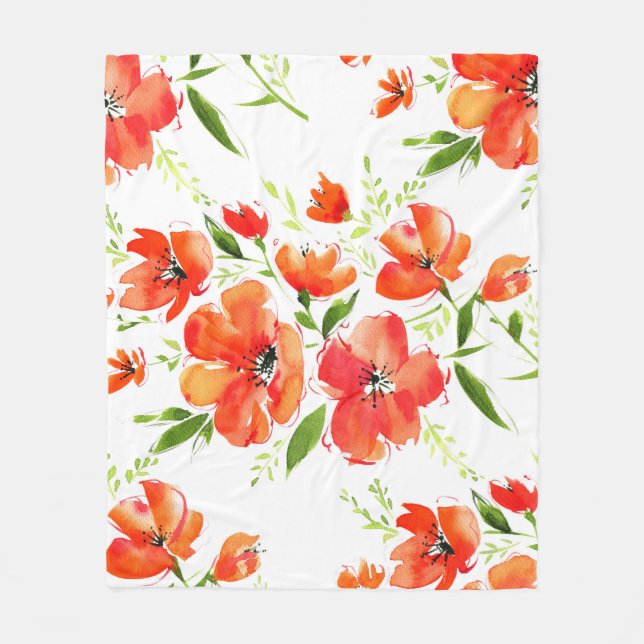 Gentle Orange Poppies Watercolor Pattern Fleece Blanket (Front)