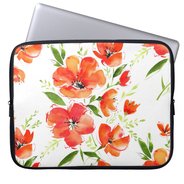 Gentle Orange Poppies Watercolor Pattern Laptop Sleeve (Front)