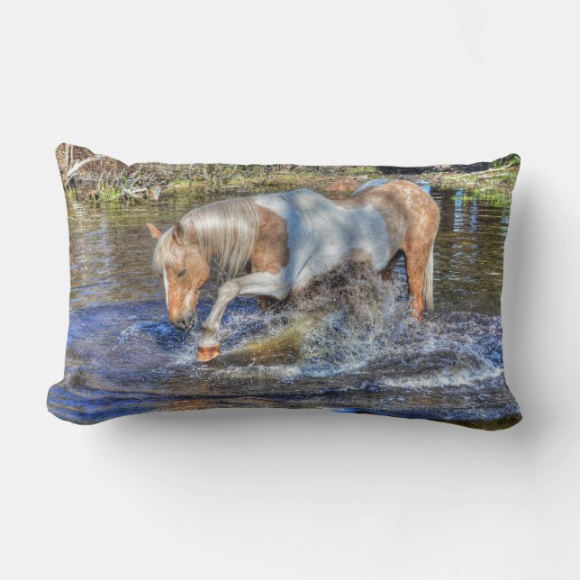 Gentle Palomino Pinto Stallion Playing in Pond Lumbar Cushion (Front)