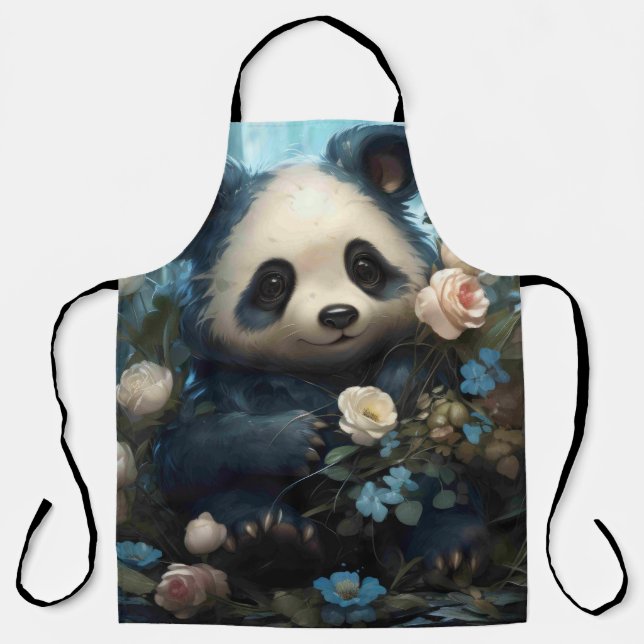Gentle Panda Bear Among Jungle Roses Apron (Front)