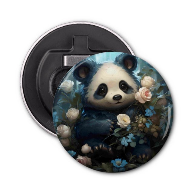 Gentle Panda Bear Among Jungle Roses Bottle Opener (Front)