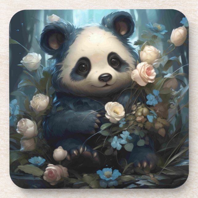 Gentle Panda Bear Among Jungle Roses Coaster (Front)