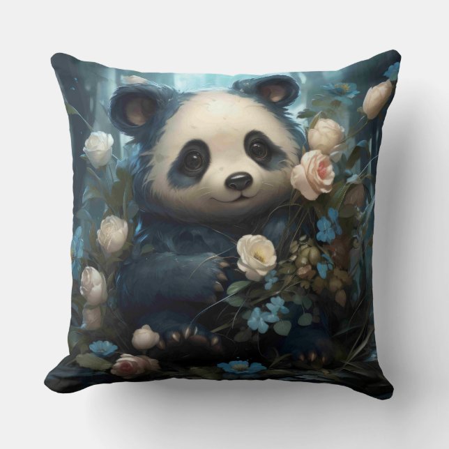 Gentle Panda Bear Among Jungle Roses Cushion (Front)