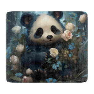 Gentle Panda Bear Among Jungle Roses Cutting Board