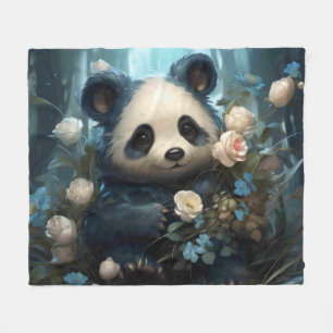 Gentle Panda Bear Among Jungle Roses Fleece Blanket