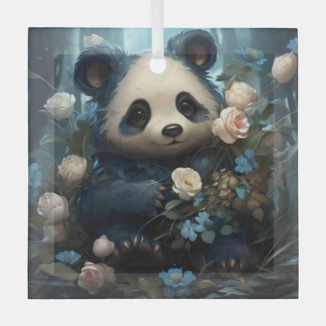 Gentle Panda Bear Among Jungle Roses Glass Tree Decoration (Front)
