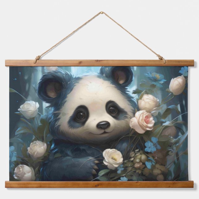 Gentle Panda Bear Among Jungle Roses Hanging Tapestry (Front)