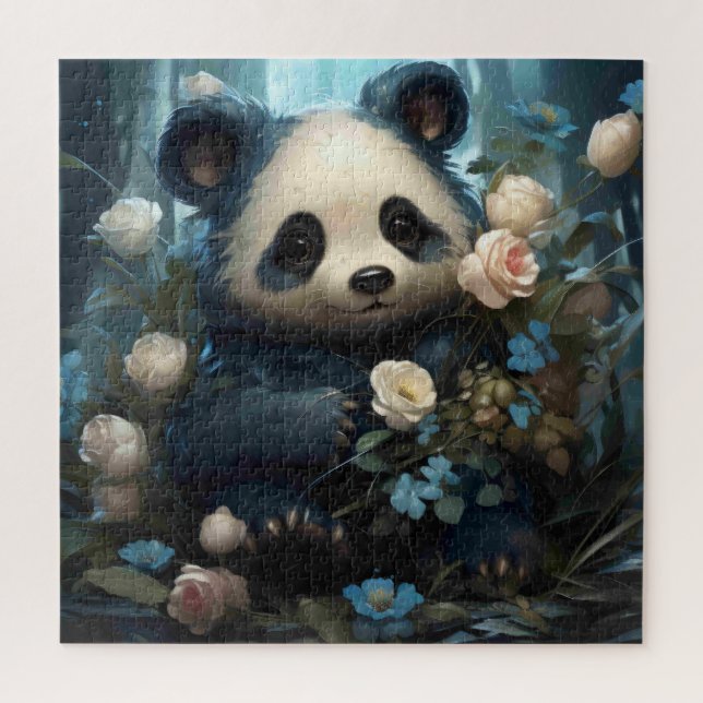 Gentle Panda Bear Among Jungle Roses Jigsaw Puzzle (Vertical)