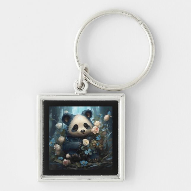 Gentle Panda Bear Among Jungle Roses Key Ring (Front)