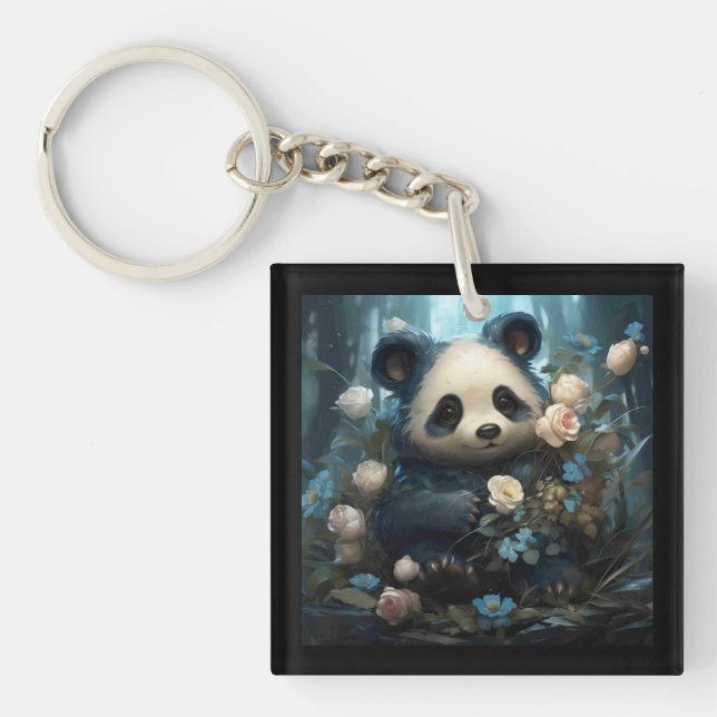 Gentle Panda Bear Among Jungle Roses Key Ring (Front)