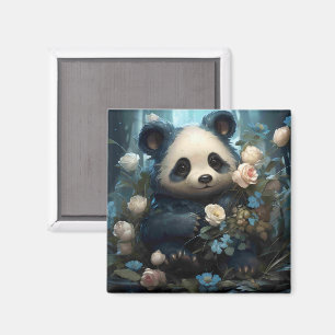 Gentle Panda Bear Among Jungle Roses Magnet