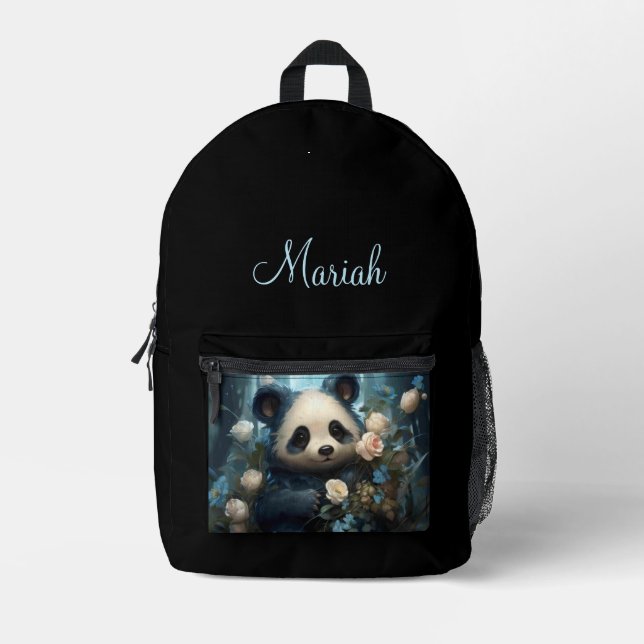 Gentle Panda Bear Among Jungle Roses Personal Printed Backpack (Front)