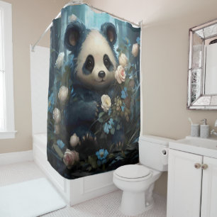 Gentle Panda Bear Among Jungle Roses Shower Curtain