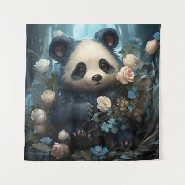 Gentle Panda Bear Among Jungle Roses Tapestry (Front)