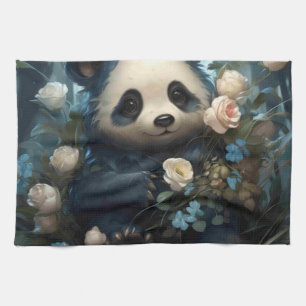 Gentle Panda Bear Among Jungle Roses Tea Towel