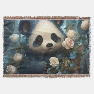 Gentle Panda Bear Among Jungle Roses Throw Blanket