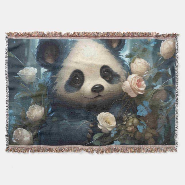 Gentle Panda Bear Among Jungle Roses Throw Blanket (Front)