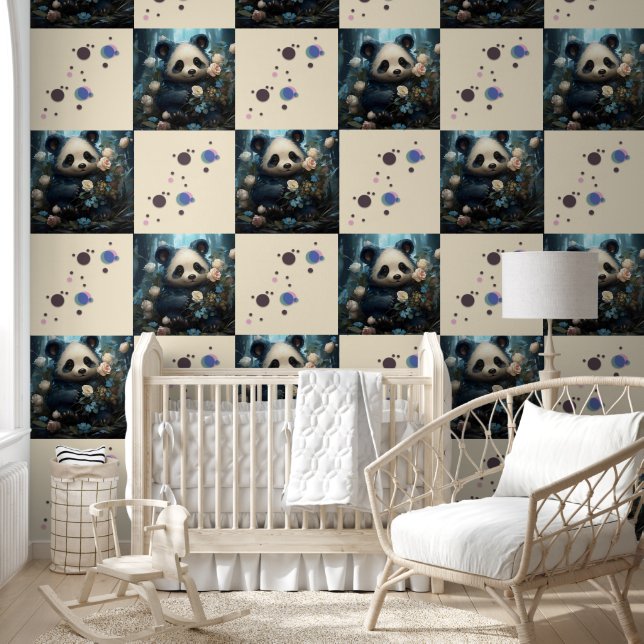 Gentle Panda Bear Among Jungle Roses Wallpaper (Kids)