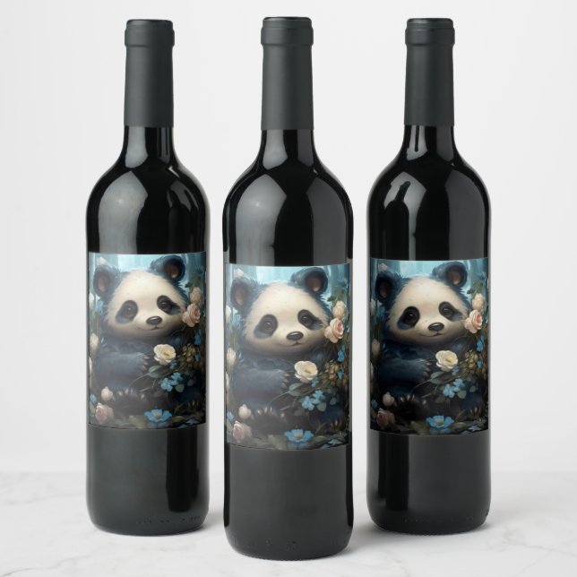 Gentle Panda Bear Among Jungle Roses Wine Label (Bottles)