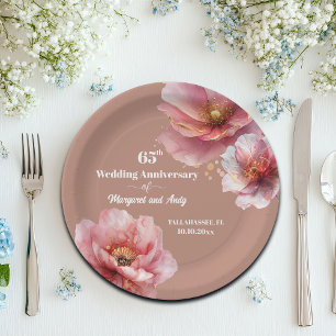 Gentle Pink Gold Floral 60th Wedding Anniversary Paper Plate