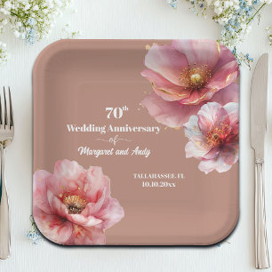 Gentle Pink Gold Floral 70th Wedding Anniversary Paper Plate