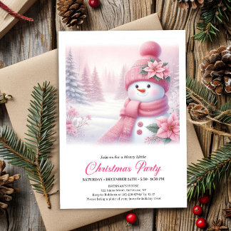 Gentle Pink Snowman Editable Christmas Invite